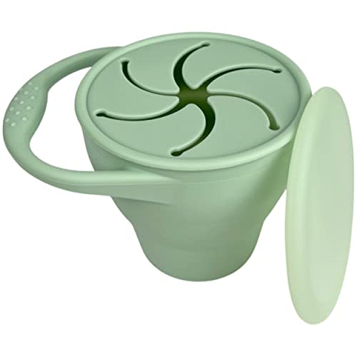 BraveJusticeKidsCo | Snack Attack Snack Cup | Collapsible Silicone Snack Container | Toddler and Baby Catcher Lid (Mint Green)