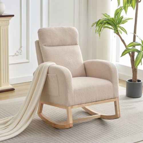 Nursery Rocking Chair, High Back Glider Chair with Side Pocket, Rocking Accent Armchair with Rubber Wood Legs for Living Room, Bedroom