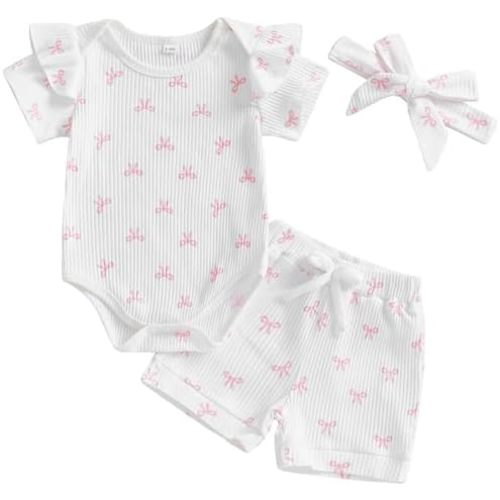 Mubineo Baby Girl Summer Clothes Cute Bowknot Romper Shorts Outfits Ruffle Short Sleeve Bodysuit Tops Newborn Set Outfit