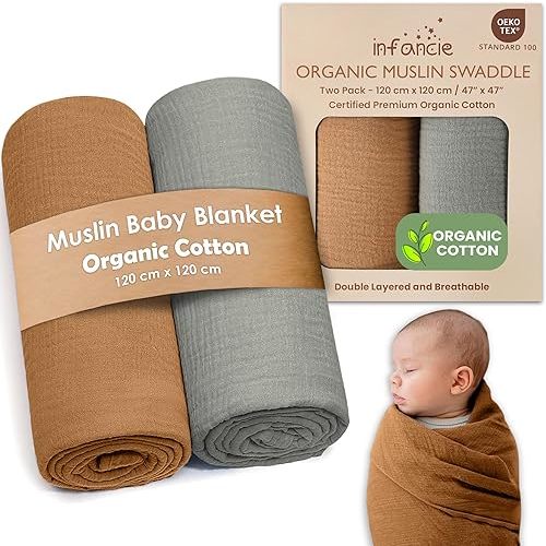 Organic Cotton Muslin Baby Blanket - 47x47 Inch Breathable Swaddle, Hypoallergenic Double-Layer, Versatile Use (Gold/Sage, 47x47 Inch)