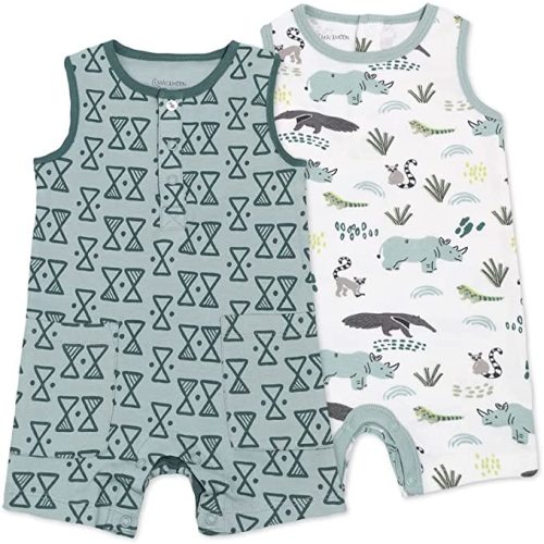 Mac & Moon Baby Romper Organic Cotton 2-Pack Romper, Baby Boy or Baby Girl - Tank Romper in Rhino Print - Newborn