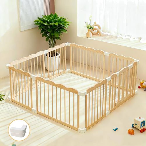 Play Pen for Toddlers 1-3, Portable Wooden Baby Playpen Large Easy Assembly Activity Center Baby Fence Portable Play Yard for Toddlers with Safety Lock