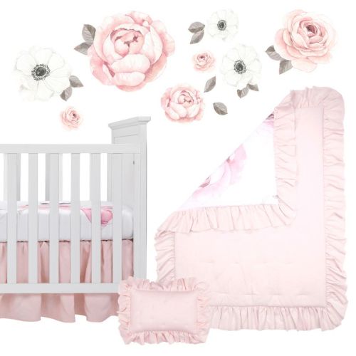 Lambs & Ivy Floral Garden Watercolor/pink Linen 5-piece Baby Crib Bedding Set