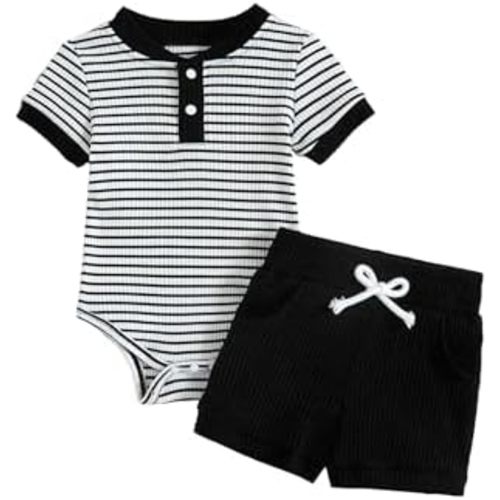 Baby Boy Outfits Ribbed Short Sleeve Striped Romper Top Solid Shorts with Pocket Baby Boy Summer Clothes 0-18M