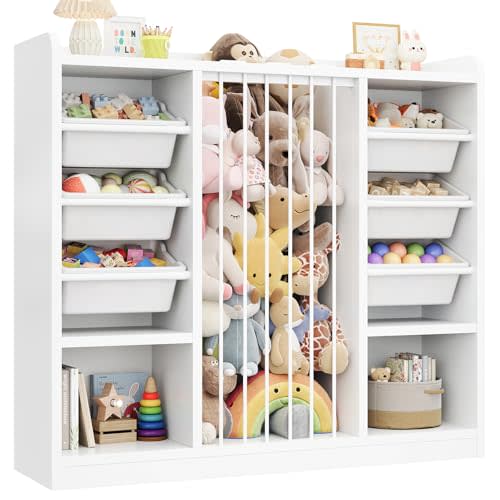 ONBRILL Toy Storage Organizer with 6 Removable Plastic Bins, Toddler Stuffed Animal Storage, Toy Box Cabinet with 2 Open Cubbies, Book Shelf for Kids Room Playroom Bedroom Nursery (White)