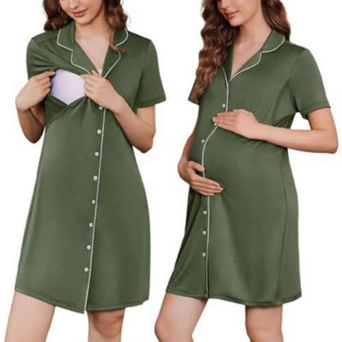 Ekouaer Labor and Delivery Gown for Women, Maternity Hospital Gowns with Button Short Sleeve Nursing Nightgown Pajamas Dress Green Floral M