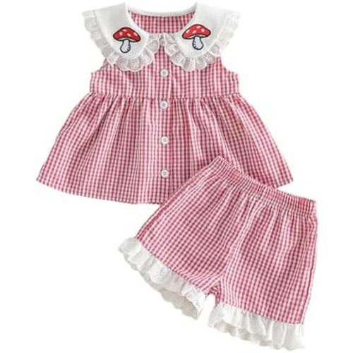 Infant Toddler Baby Girl Summer Clothes Cute Mushroom Embroidery Doll Collar Sleeveless Plaid Tops and Shorts Set