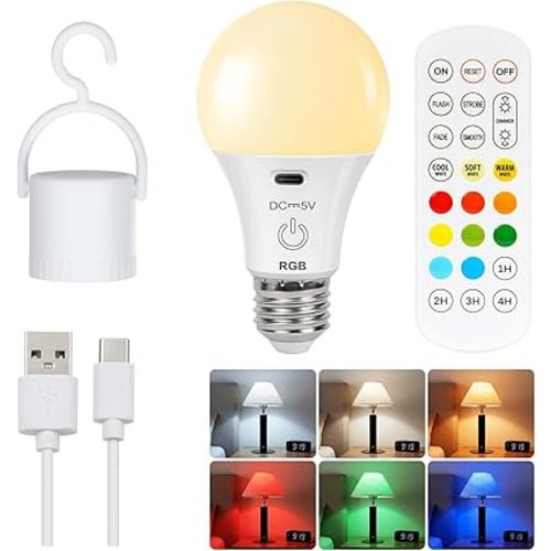 FRIDEKO HOME Rechargeable Light Bulbs - 2600mAh E26 Battery Operated Dimmable Lightbulb with USB-C Charging for Lamps | Touch Control | Timer Function - 1 Pack Portable Camping Emergency Light