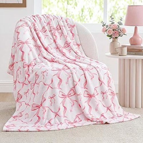 Buryeah Pink Bow Throw Blanket 50"x60" Ultra Soft Flannel Coquette Aesthetic Blanket for Girls Women Preppy Room Decor for Bed Sofa Spring Wedding Mother's Day Graduation Back to School Gift