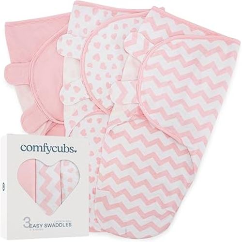 Comfy Cubs Easy Swaddle Blanket, 3 Pk Large - Baby Blanket Swaddle, Pink | 100% Cotton Newborn Wrap for 3-6 Months Infants, Adjustable, Breathable and Durable Sleep Sack for Babies