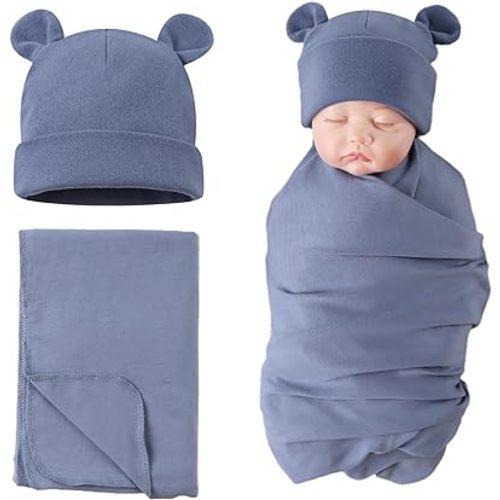 PESAAT Cotton Baby Swaddle Hat Set Newborn Infant Hats Receiving Blankets for Baby Boys Girls