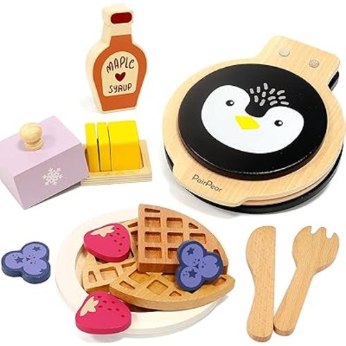 PairPear Wooden Waffle Maker Toy Food Playset, Kids Pretend Play Food Kitchen Accessories, Wooden Cooking Toy Baking Playset, Toddler Play Breakfast Brunch Tea Sets Cutting Food Gift for Girls Boys 3+