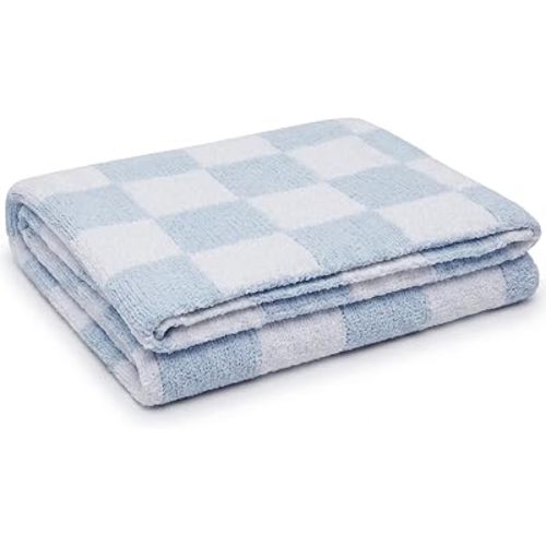 Living Textiles Blue Check Chenille Knitted Soft Baby Blanket - Reversible Premium Cozy Fabric for Best Comfort - for Infant,Toddler,Newborn,Nursery,Boy,Throw,Crib,Stroller