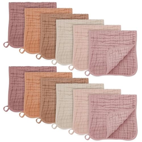 SWEET DOLPHIN 12 Pack Muslin Burp Cloths Large 100% Cotton Burping Clothes for Baby Drool - Absorbent and Soft Boys & Girls Milk Spit Up Rags for Newborn Essentials Registry - Dewy Petal