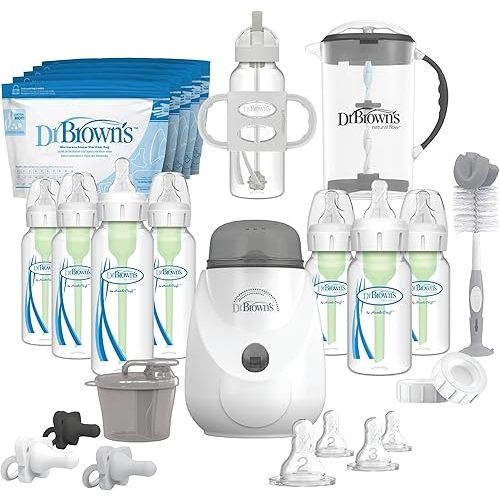 Dr. Brown's Anti-Colic Options+ Newborn All-In-One Gift Set with Bottle Warmer, HappyPaci Pacifiers, Cleaning Brush, Formula Dispenser and Mixing Pitcher, 0m+ (Packaging/Bottle Brush Color May Vary)