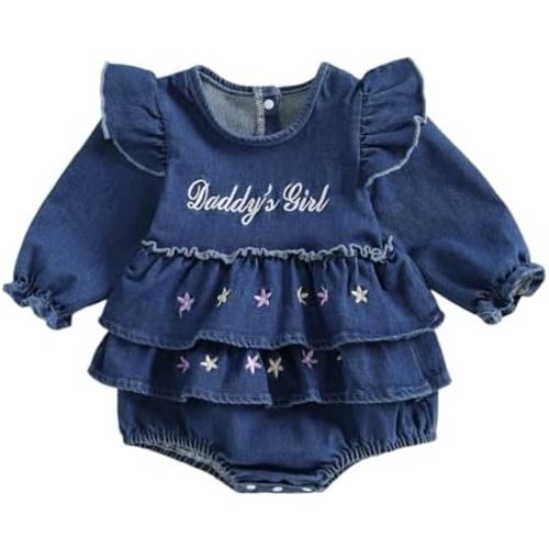Newborn Baby Girl Romper Ruffle Long Sleeve Daddys Girl Embroidery Denim Jeans Bodysuit Fall Winter Outfit Clothes