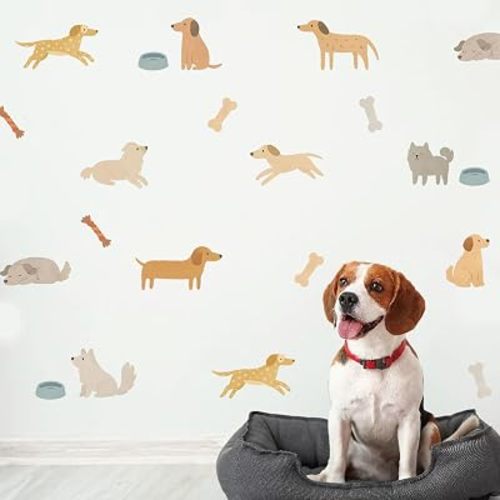 Watercolor Dog Wall Decals (14-Piece Set), Small Boho Puppy Stickers for Baby Nursery & Playroom, Neutral Pet Theme Decor for Furniture Upcycle & Dog Feeding Station, Mini Peel and Stick Art