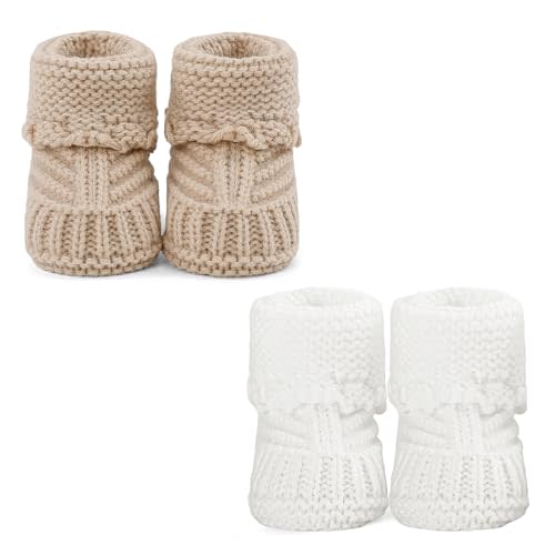 DUONITITI Newborn Knit Booties Soft Baby Sock Boots for Infant Boys Girls First Walkers 2 Pairs, 0-3 Months