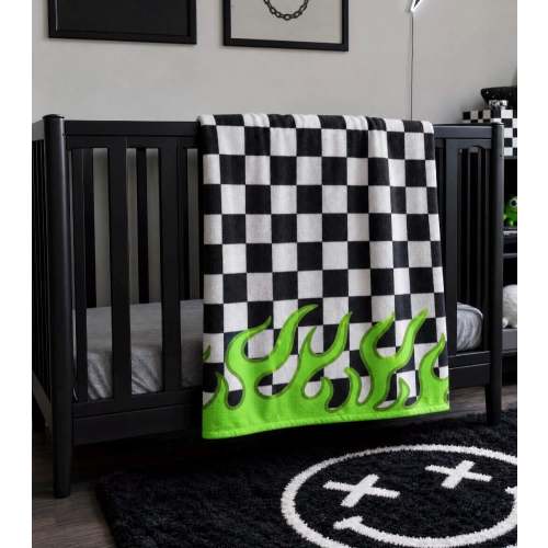 Neon Green Flames Checkerboard Fleece Baby Blanket