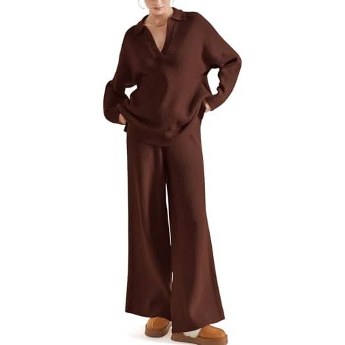SUUKSESS Women 2 piece Fall outfits Matching Lounge Set Waffle Knit Sweater sets