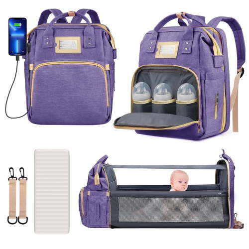 GPED Diaper Bag Backpack, Large Capacity Baby Bag with Changing Station, Insulated Pockets, USB Port, Purple