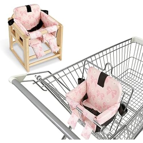 Portable Baby Shopping Cart Seat, High Chair Cover for Outdoor, One-Hand Installation Cart Seat Cover, Comfortable and Supportive Foam-Padded, Grocery Cart Baby Seat – Pink Bow