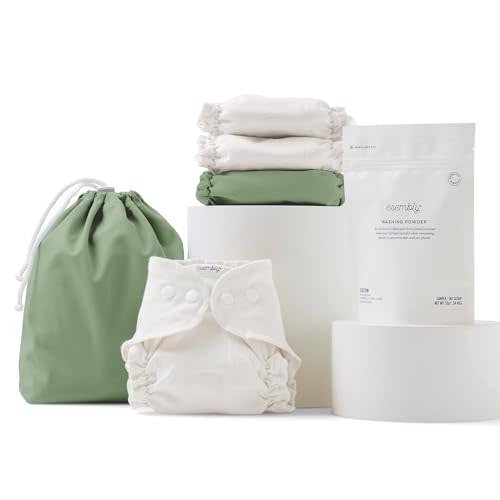 Esembly Try-It Kit, Cloth Diaper Starter Set, Aloe, Size 1 (7-18lbs) | Starter Bundle for Cloth Diapering - 3 Organic Cotton Inners, 1 Waterproof Outer, 1 Ditty Bag and 12oz Laundry Washing Powder