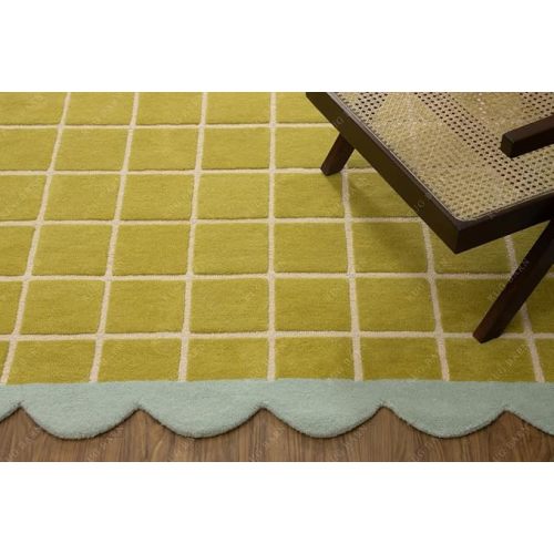 Checkered Wool Area Rug with Scalloped Border, Chartreuse Green & Cream Grid, Hand-Tufted, Soft Cut Pile, Modern Cottagecore Living Room, Bedroom & Nursery Carpet - 6x6 Ft (Square)