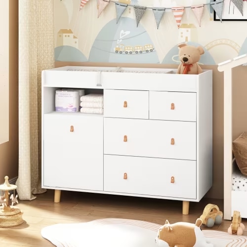 OXYLIFE 45" Baby Nursery Changing Table Dresser with 4 Drawers and Shelf for Nursery Room, White - ALDI US