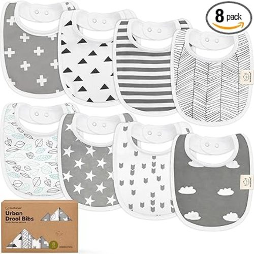 8-Pack Organic Baby Bibs for Boys, Girls - Soft Cotton Drooling and Teething Bibs for Baby Girl & Boy, Extra Absorbent, Easy to Clean & Put On for Toddler, Newborn, Infant 0-24 Months (Grayscape)