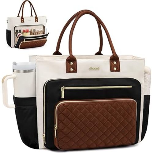 LOVEVOOK Teacher Tote Bag for Women, Laptop Bag Work Bags Computer Bag, Professional Briefcase Business Large Purses Handbag Gifts, Black-Beige-Brown, 17 Inch