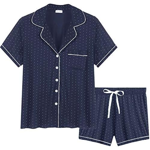 Joyaria Womens Cooling Bambo Viscose Pajamas Short Sleeve Button Down Pj Shorts Set Ultra Soft Summer Sleepwear-Small-XXL
