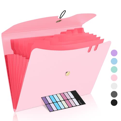Sooez 7 Pocket Accordion File Organizer, Premium Expanding File Folder | Letter Size Folders for Documents, Sleek Filing Folders with Bungee Closure, Portable Folders School Office Supplies, Pink