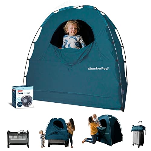 SlumberPod The Original Blackout Sleep Tent Travel Essential for Baby and Toddlers, Mini Crib and Pack n Play Cover, Sleep Pod with Monitor Pouch and Fan Pouch (Includes Fan), Blocks 95%+ Light, Teal