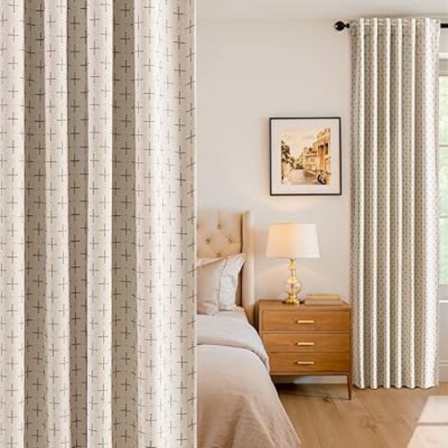 MIULEE 100% Blackout Decorative Linen Curtains with Geometric Pattern, Thick Woven Farmhouse Rustic Patterned Drapes with Back Tab for Bedroom and Living Room, Beige, 52 x 84 Inches, 2 Panels