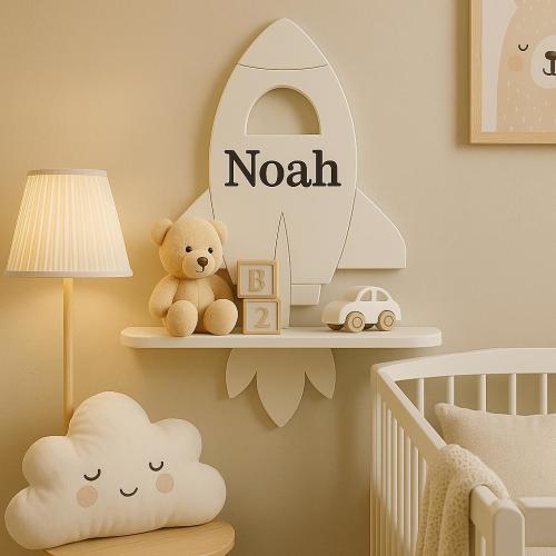 Personalized Space Rocket Shelf, White Wood Nursery Decor