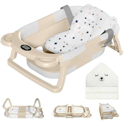MoreFeel Collapsible Baby Bathtub for Newborn with Thermometer & 1 Hooded Towel & 1 Soft Floating Cushion,Portable Travel Bathtub with Drain Hole, Durable Foldable Baby Tubs for Infants to Toddler