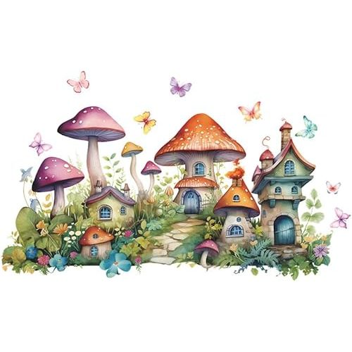 2 Sheets Colorful Cartoon Mushroom House Wall Stickers Removable DIY Green Plants and Flower Wall Stickers Viny Colorful Butterfly Wall Decal for Girls Home Nursery Bedroom Bathroom Decoration