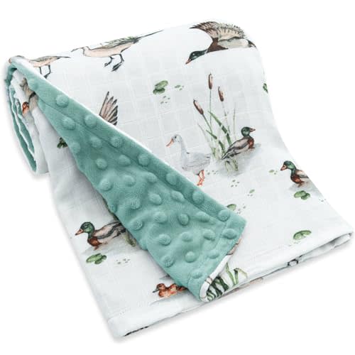 LifeTree Baby Blankets for Newborn, Soft & Lightweight Swaddle Blankets, Muslin Front and Dotted Fleece Backing Receiving Bed Blanket, 31X40 Inches, Baby Girl & Boy Blanket, Duck and Green