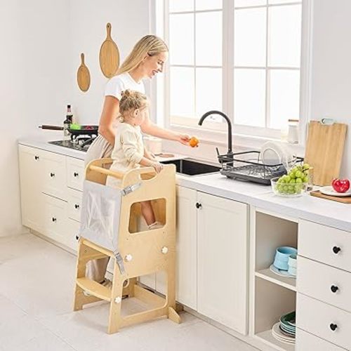 Bateso Kitchen Tower for Toddlers 1-3, Adjustable Height Wooden Standing Tower with Removable Safety Net, Toddler Kitchen Stool Helper with Support Feet and Anti-Slip Mats