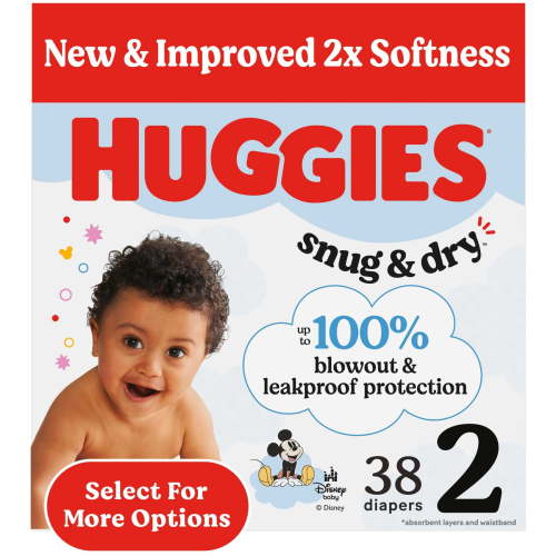 Huggies Snug & Dry Baby Diapers, Size 2 (12-18 lbs), 38 Ct (Select for More)