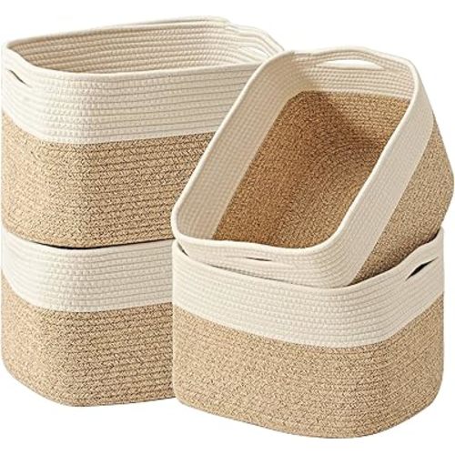 ICERZCZ Storage Baskets for Organizing & Shelves, Woven Cotton Rope Organization Bins for Dog Toys, Clothes, Books, Nursery Organizer, 15"Lx11''Wx9.5''H, (4 Packs) Off White & Brown