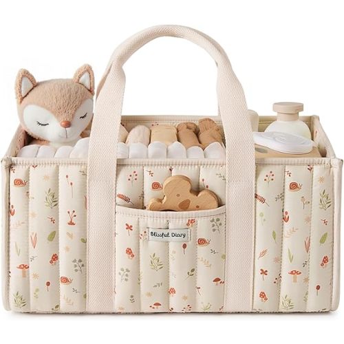 Blissful Diary Woodland Diaper Caddy Organizer, Stylish Nursery Storage Basket, Gift for Baby Shower, Newborn Essentials, Woodland Cream