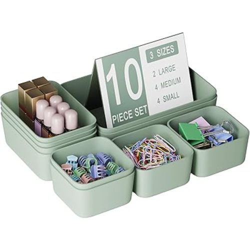 Plastic Drawer Organizers, 10 PCS Drawer Organizer Bins, Bathroom and Vanity Organizer Plastic Tray, Makeup organizer and storage for Makeup, Bedroom, Kitchen Gadgets Utensils and Office (Green)