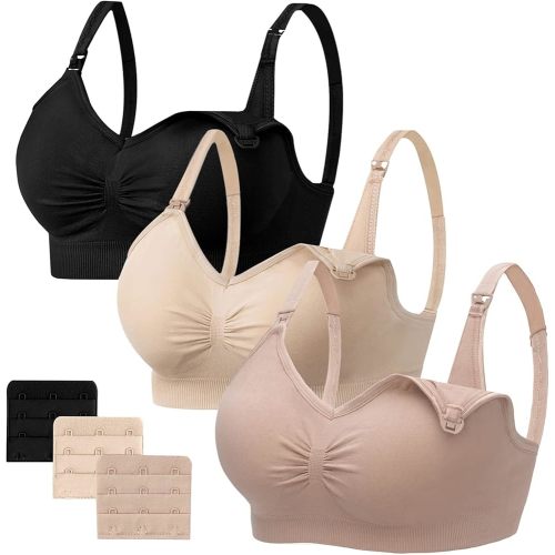 Angelhood Womens Seamless Sleep Nursing Bra,Breastfeeding Maternity Bra with Remove Bra Pads Extenders Pack of 3