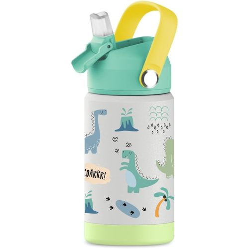 Hippypotamus Kids Water Bottle - Stainless Steel Vacuum Insulated -12 oz - Leak Proof Straw Lid & Soft Spout For Toddlers & Kids (Green Dinosaur)