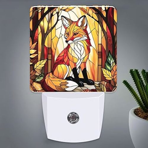 Fox Stained Glass Night Lights Plug into Wall for Room, Fox Night Light LED for Bedroom