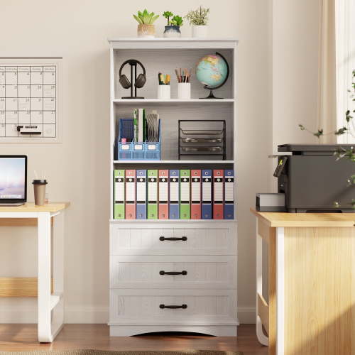 Noelse Tall Bookcase 71 inches with 3 large drawers multi-functional storage shelves for office living room bedroom