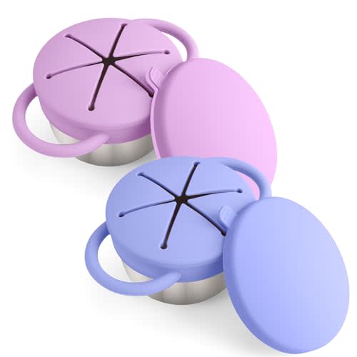 Mity rain 2PCS Stainless Steel Snack Containers for Toddlers | with Spill-Proof Silicone Lids Handles - 3-in-1 Baby Snack Cups, No-Spill Toddler Snack Box (Blue+Purple)