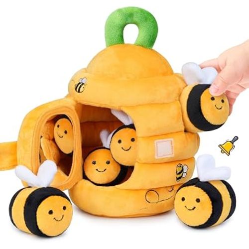 Soft Baby Beehive with 5 Sensory Bees, Montessori Baby Toys 6-12 Months for Fine Motor Skills, Rattle Crinkle Squeaker Mirror Toddler Sensory Toys 0-3 Year Old, Plush Christmas Birthday Gift